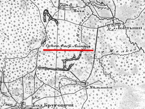Тапонім «Сукон. Фабр. Ясенецъ» на «Ваенна-тапаграфічнай карце Расіі” (трохвярстоўцы). 1850 год